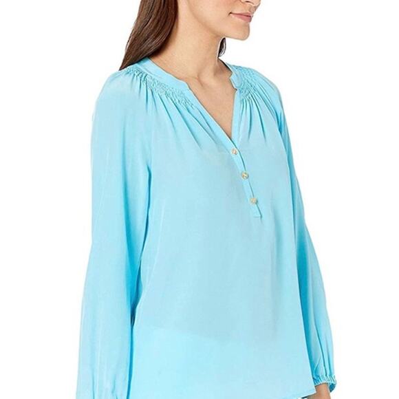 Lilly Pulitzer Elsa Silk Top Blouse Long Sleeve Smocked Neck Bali Blue Size XL - Picture 2 of 14